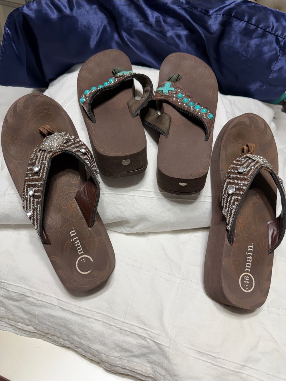 2 Brown Sandal Flip Flops with Turquoise and Beaded Accents, 10 & 10/11